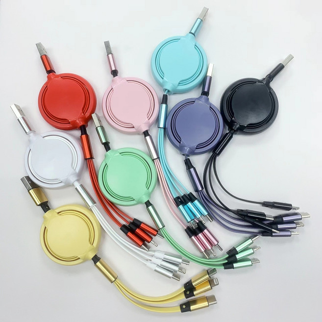 6A一拖三伸縮數據線快充100w馬卡龍三合一充電線廣告禮品定製logo, 1個, B款中圓七色/100根真銅線芯(裸線):高光白, 1cm