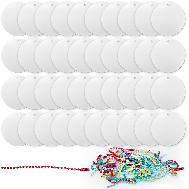 40개 투명 원형 아크릴판 컬러 군번줄 세트 타공형 아크릴 키링 가방 열쇠고리 DIY공예 50mm