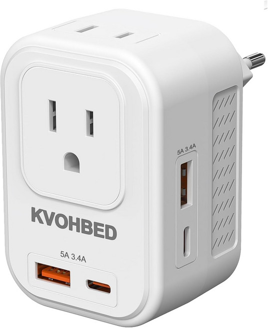 전압 변환기 미국에서 유럽으로의 여행: 220V에서 110V까지의 국제 범용 여행 어댑터USB A 2 Type-C 포트 고속 충전 포함 전 세계 전력 플러그 콤보 이탈리아까지, White