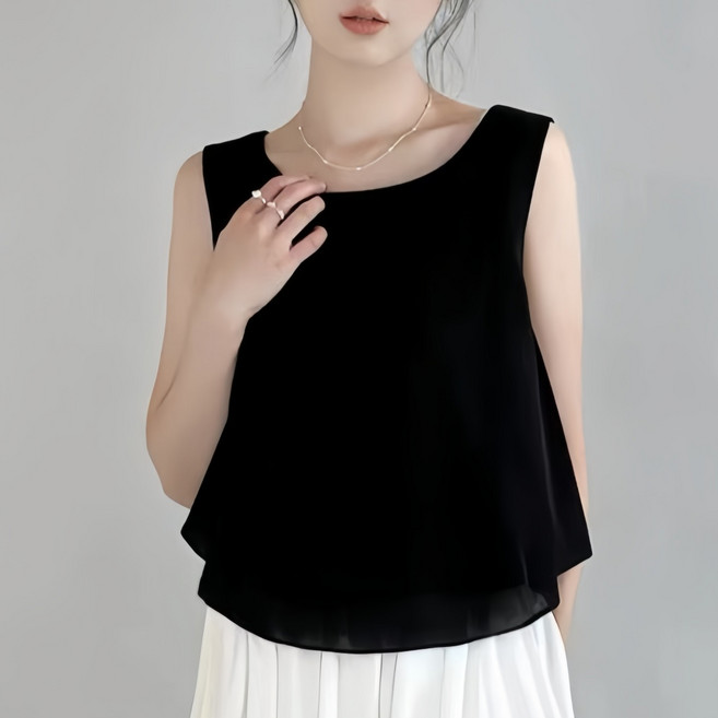 Makone 여성 민소매 티셔츠 여름 루즈핏 쉬폰 이중 나시 블라우스 솔리드 심플 엘라강스 캐주얼 30대 40대 상의 데일리룩