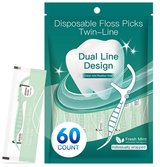 라나즈초이스 듀얼 라인 민트향 두줄 치실 스틱 개별 포장, 1개, 60개입, 76mm