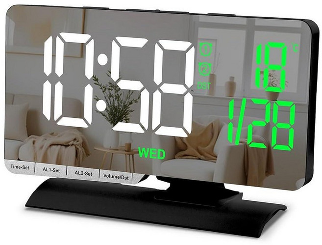 SZELAM 디지털 시계 알람 시계 침대 옆 날짜 디스플레이가 있는 19.3cm(7.3인치) 대형 LED 거울 온도 3가지 모드가 있는 듀얼 알람 Brightnee 조, Black
