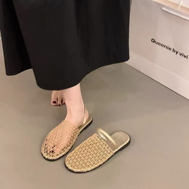 平底網面時尚設計感外穿銀色包頭半拖鞋女鞋新款夏季軟底涼拖涼鞋