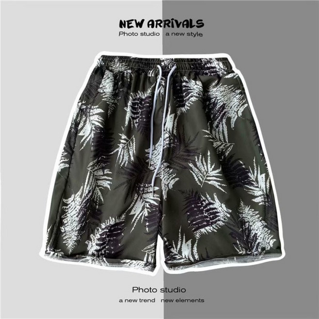 夏季海邊度假碎花寬鬆沙灘短褲, K1116綠色,l