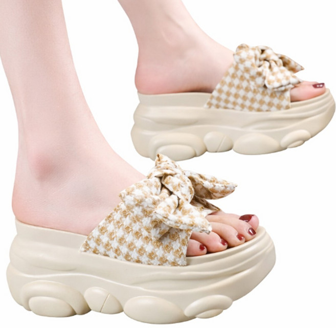 차쿠 여성 통굽 슬리퍼 왕리본 통굽 슬리퍼 굽높이 8cm