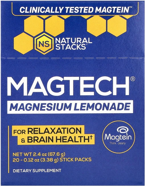 네츄럴스택스 MagTech 마그네슘 드링크 믹스 레모네이드 스틱팩 20개입 3.23g 0.11oz, 2개 - 쿠팡