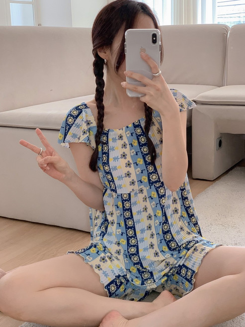 (무배)여성 주름 캡소매 쿨소재 플리츠 주름 홈웨어 프릴 여름 세트 잠옷 홈웨어