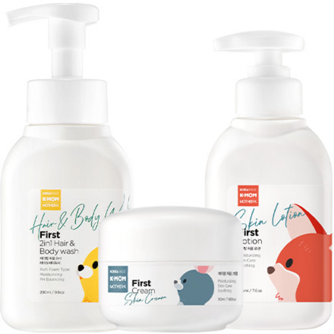 케이맘 베이비 처음 헤어 앤 바디워시 290ml + 보습 로션 225ml + 크림 50ml 아토 목욕 세트, 1세트