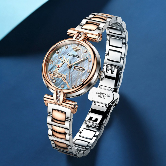 OUPINKE 여성시계 기계식 오토매틱 럭셔리 명품 워터프루프 야광 일력 메탈시계