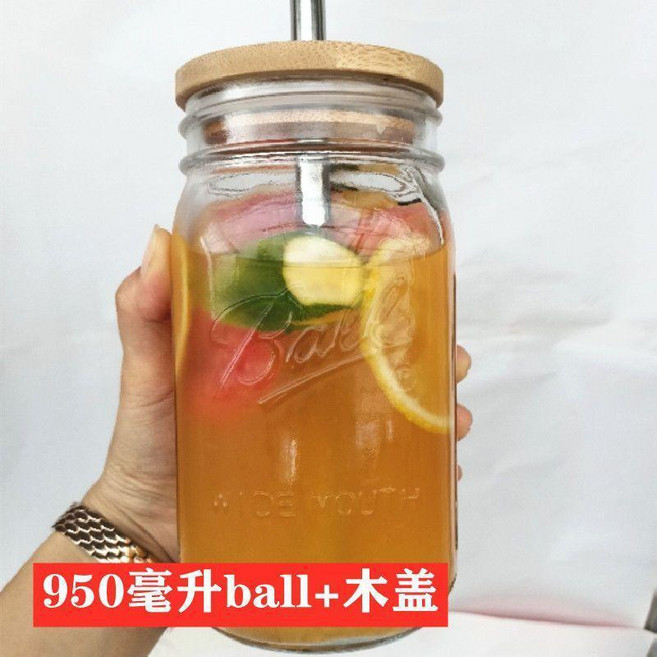 玻璃梅森杯 750ml標口, 1個, 一隻950毫升大口+木蓋 粗吸管, 950毫升, 1只