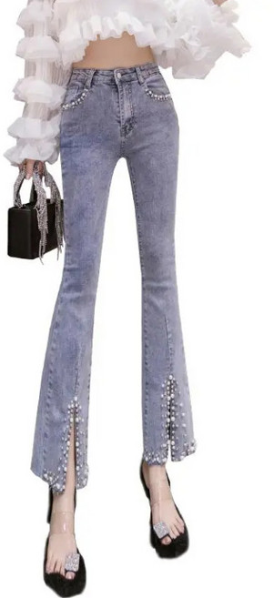 여성용 하이웨스트 세미 부츠컷 진주 수술 데님 9부 팬츠 Women's jeans 뉴타임즈 E754O725