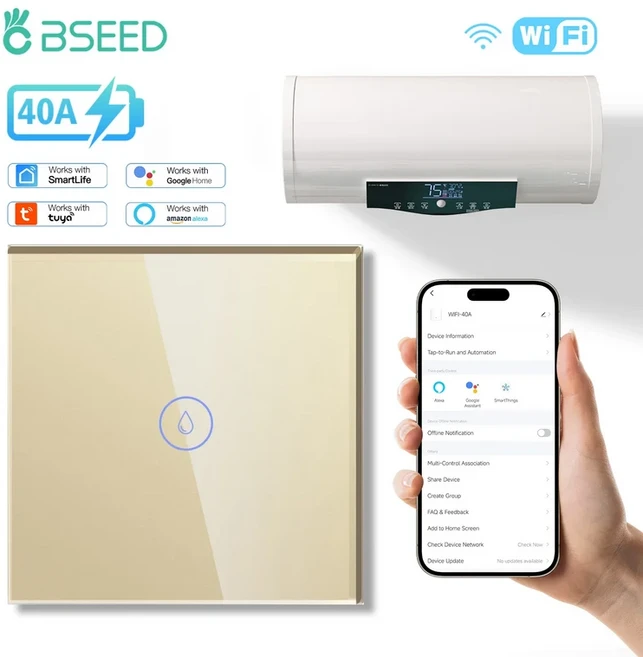 BSEED WIFI 온수기 스위치 스마트 벽 보일러 40A 유리 터치 패널 음성 제어 Alexa Google Home Tuya App EU, 01 40A Switch, 03 Gold