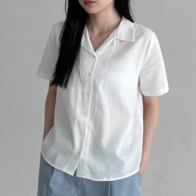 [오버나인] 여자 여성 코튼 린넨 오픈 카라 반팔 워싱 셔츠 블라우스