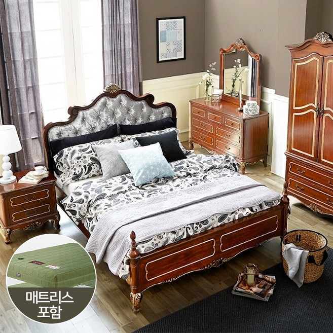 유캐슬 로젠 엔틱 원목 가죽 퀸침대 (+독립매트리스), 상세 설명 참조