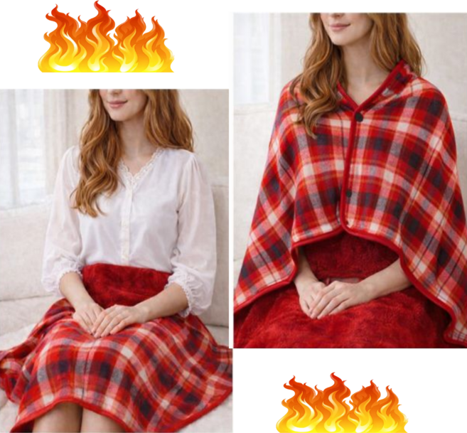 엘리프 레드체크 단추형 망토숄담요 양면기모 어깨담요 보온블랭킷