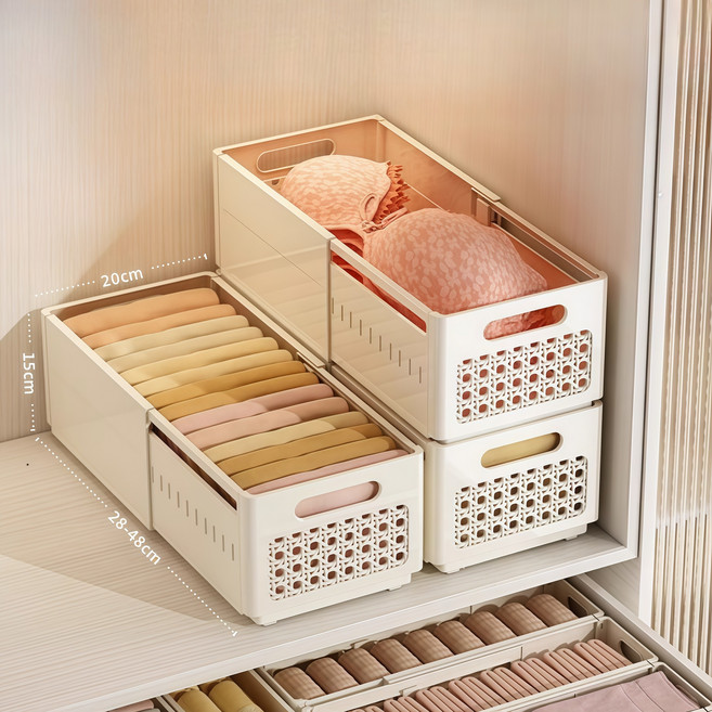 스피덱스 신축 정리함 길이조절 리빙킹 접이식 슬라이딩 수납바구니, 1세트, 대형 크림 3개