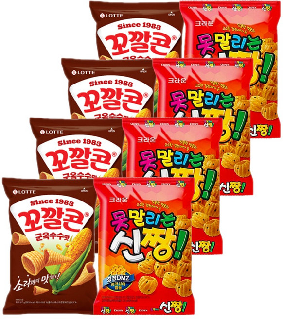 롯데 크라운 스낵모음 꼬깔콘 군옥수수 67gx4개+신짱 120gx4개 (총8개), 1세트, 748g