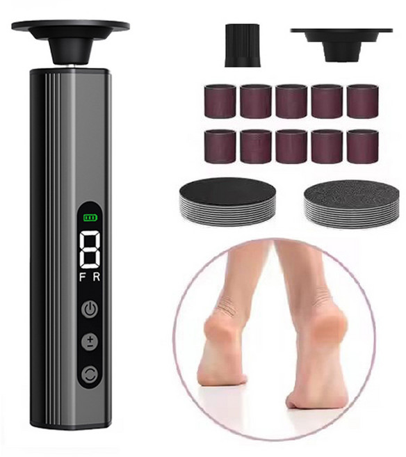 2in1 무선 전동 발각질 제거기 발바닥 뒤꿈치 굳은살제거 전동멀티케어 C-type 전동 네일 파일 LCD 디스플레이 & 9단계 조절, 1세트, 그레이