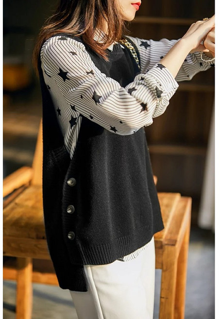 shiny藍格子 側排扣圓領前短後長外搭針織背心 質感疊穿 邂逅慵懶與優雅