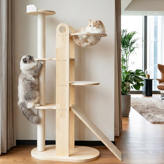 더따슴 젤리클 대형 원목 캣타워 6단 고양이 클라이밍보드 투명해먹 포함, 1개