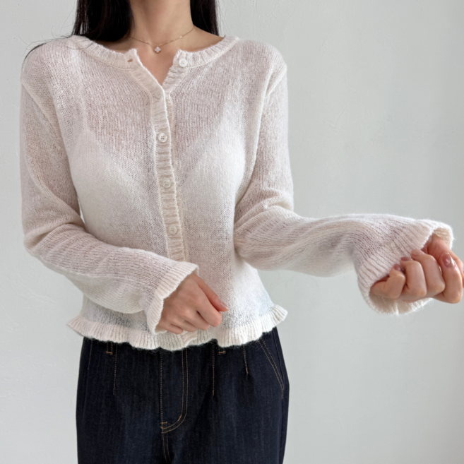 여성 니트 가디건 봄 얇은 간절기 여리핏 프릴 가디건