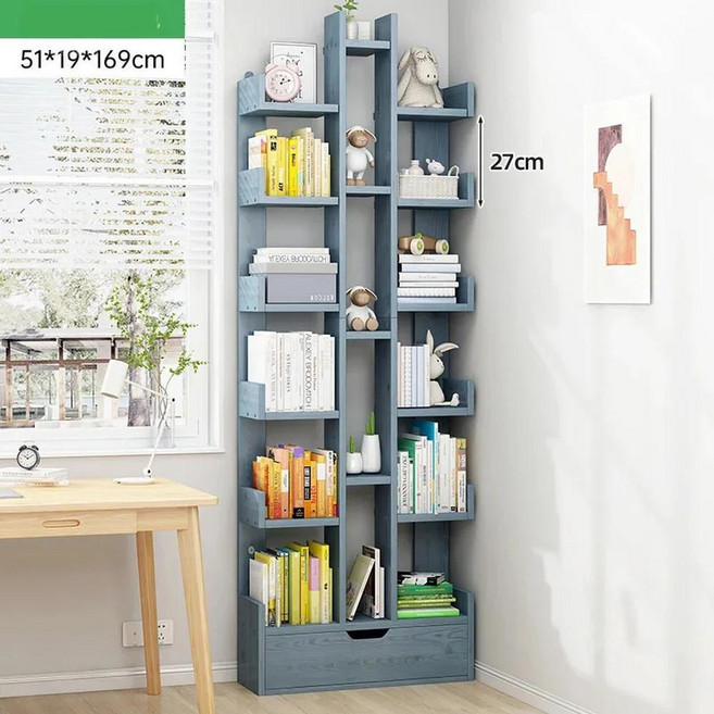 책꽂이 작은 바닥 스탠딩 나무 모양 모던하고 심플한 책장 럭셔리하고 창의적인 공부방, 21) blue 51x19x169cm, 없음