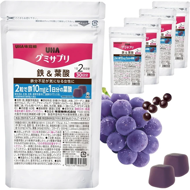 UHA 미카쿠토 구미 서플리 철분, 5개, 60정 - 쿠팡