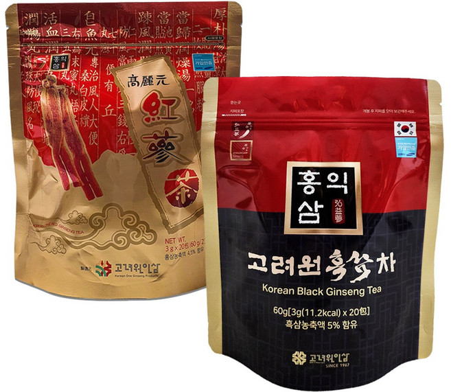 고려원 홍삼차20T+흑삼차20T, 2개, 20개입, 3g