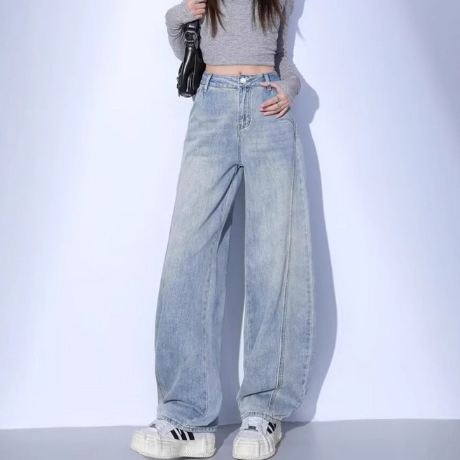 쁘띠꼬모 여성 하이웨이스트 라이트워싱 오버사이즈 배기핏 데님팬츠 QXT5101543