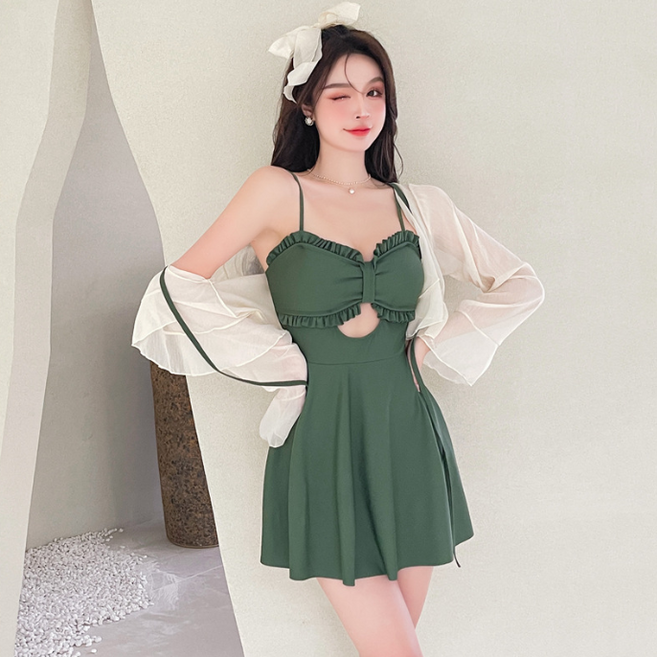 은창]프릴 매듭 비치 가디건 원피스 수영복 래쉬가드 몸매보정 치마 세트 비키니 바지 여름 휴가 물놀이 모노키니, 카키-M