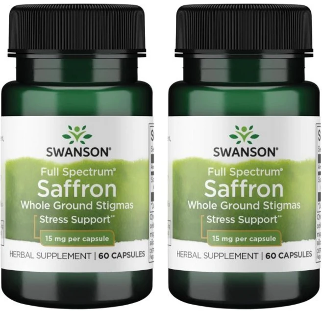 Swanson 스웬슨 풀 스펙트럼 사프란 전체 분쇄된 암술 - 자연 기분 지원 및 스트레스 관리에 도움을 주는 허브 보충제 유기농 스페인 채식 캡슐 60개 각각 15mg 2팩, 60정 - 쿠팡