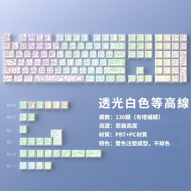 極晝漸變側刻鍵帽 PBT材質 流線透光 台灣注音, 白色等高線側刻鍵帽 台灣注音 流線透光