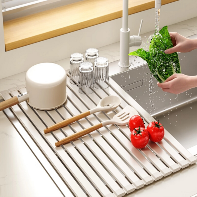 클레미엄 항공 알루미늄소재 와이드 대형 주방 싱크대 롤매트 식기건조대 싱크롤 건조매트, 크림 화이트, 1개