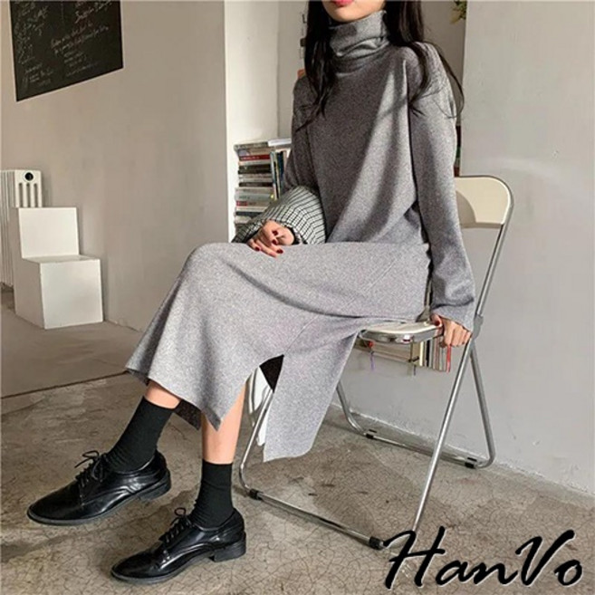 HanVo 保暖刷毛合身高領側開衩棉質長洋裝, 灰色