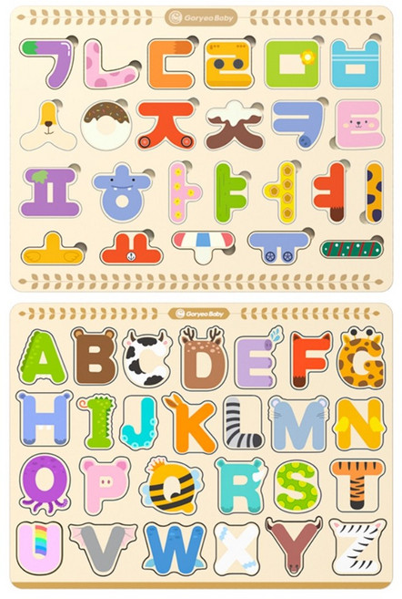 고려베이비 한글 영어 원목 자석 퍼즐 교구 세트, 50피스, 1세트