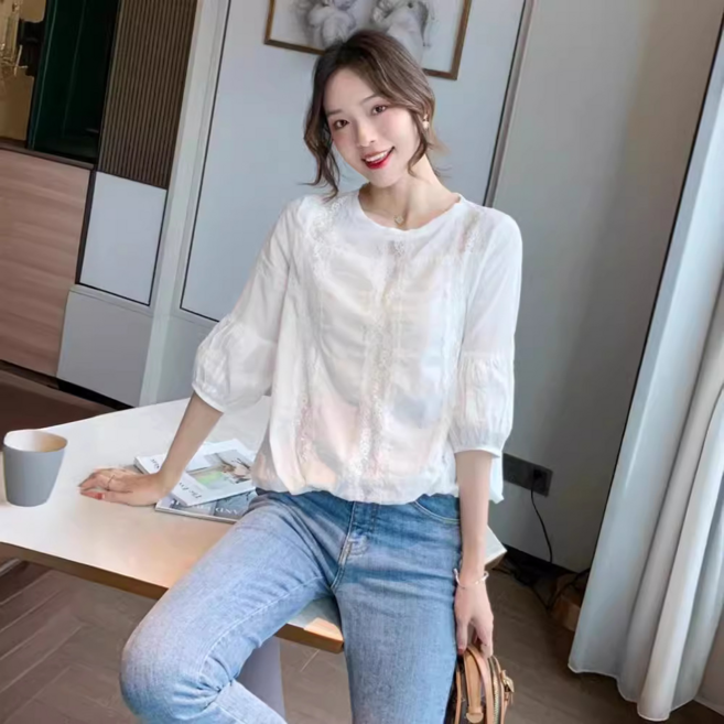 여성 레이스 라운드넥 데일리 블라우스 꽃무늬 봄여름용 시폰 펀칭 디자인 7부 볼륨 소매 데일리 시스루 하프기장 우아한 쉬폰 셔츠