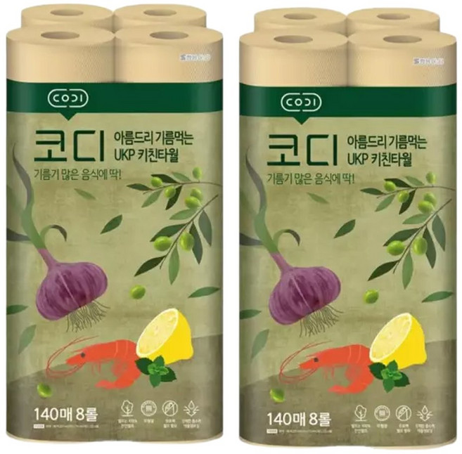 코디 아름드리 기름먹는 키친타올 140매 8롤X2팩, 16박스