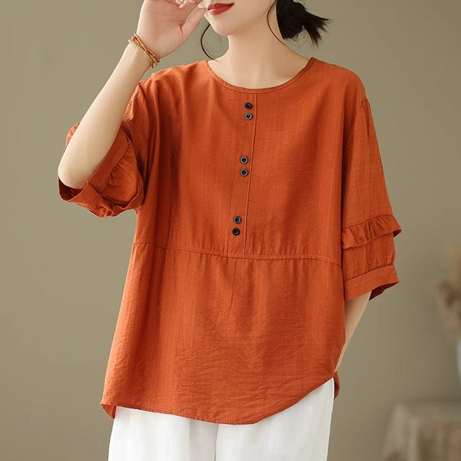 여성용 여름 빅사이즈 면마 라운드넥 루즈핏 린넨 반팔 티셔츠