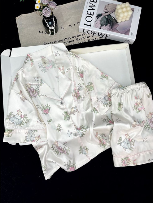 清新印花短袖短褲睡衣套裝 女法式優雅兩件式家居服