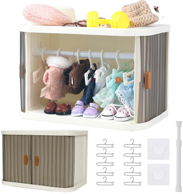 루이 접이식 미니 인형 이동식 행거 세트 - 초슬림 슬라이딩 커튼문 인형 의류 수납, 흰색, 1개