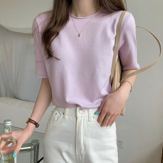 반팔 니트 여성 라운드넥 캐주얼룩 데일리 5부 소매 티셔츠