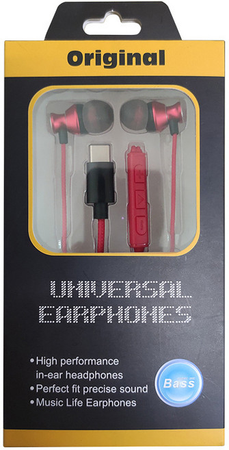 Universal Earphones 入耳式耳機 重低音金屬線材 舒適佩戴, 紅色【彩盒裝】Type-c插頭, 紅色, 百斯航重低音金屬有線高音質入耳式耳機通用手機