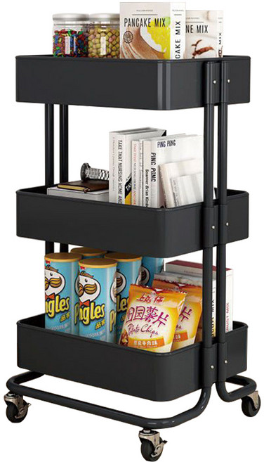 에이치앤아이 튼튼한 이동식 철제 3단 트롤리, 블랙(NOH-3BK)