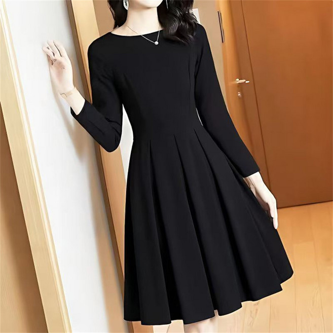 TKX 여성용 심플한 롱 슬리브 플리츠 미디원피스 무지 고급 우아한 스타일