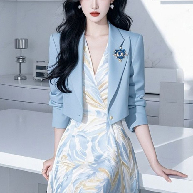 FANSYLI 여성 정장 세트 고급 하객룩 숏 심플 슬림 정장 재킷+프린트 원피스 투피스 봄 가을 데일리 통근 원피스 세트 오피스룩 면접룩 XR2512D15
