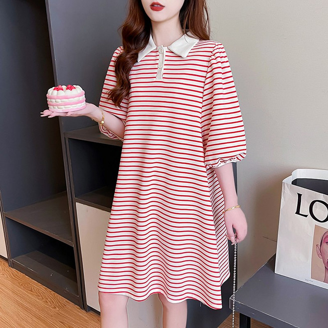 여성용 여름 빅사이즈 데일리 캐주얼 A라인 미디 반팔 스트라이프 원피스