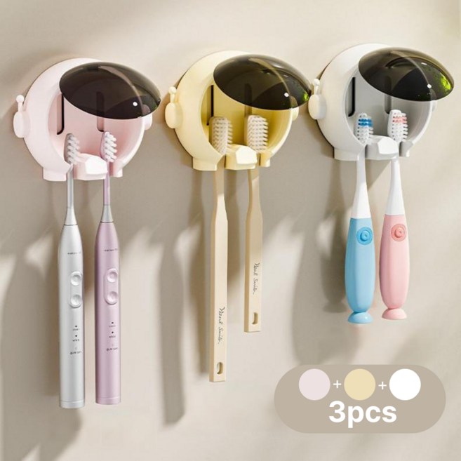 창의적 우주인 디자인 먼지방지 물빠짐 무타공 벽걸이 칫솔걸이 3P 세트, 3개, 옐로우+화이트+핑크