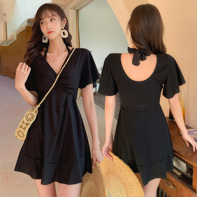 梨卡 大尺碼顯瘦連身泳衣 遮肚裙擺設計 鋼圈保守款, 黑色均碼(建議55-75kg)-現貨