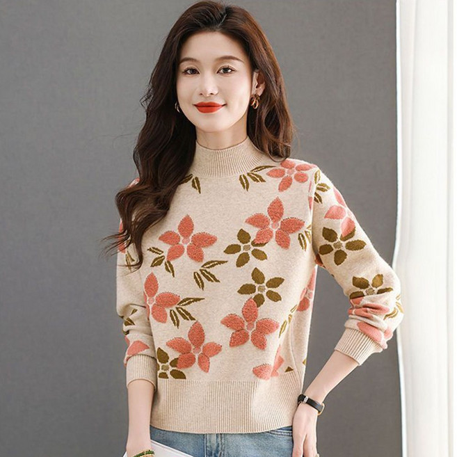 TKX 반목니트 여성 가을 겨울 꽃무늬 스웨터 따뜻한 터틀넥 외출용 KS97