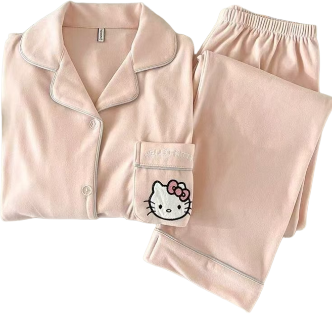 산리오 여성 헬로키티 부드러운 홈웨어 투피스 잠옷 긴팔 세트